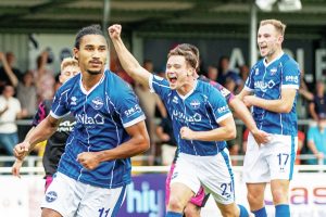 Aaron Blair and his Eastleigh teammates celebrate