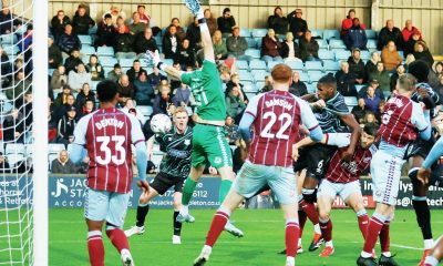Carlisle’s Aaron Hayden heads what proves to be the winning goal
