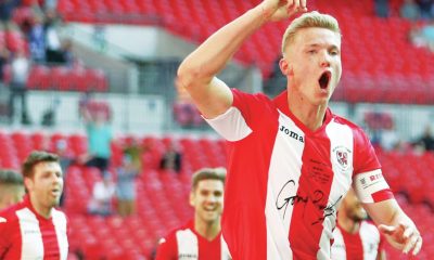 Gaz Dean wheels away after scoring for Brackley Town in the FA Trophy final at Wembley in 2018
