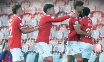 Alex Newby, centre, takes the plaudits from York team-mates Joe Felix and Alex Hunt