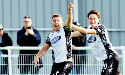 Gateshead’s David Ferguson, left, enjoys his goal