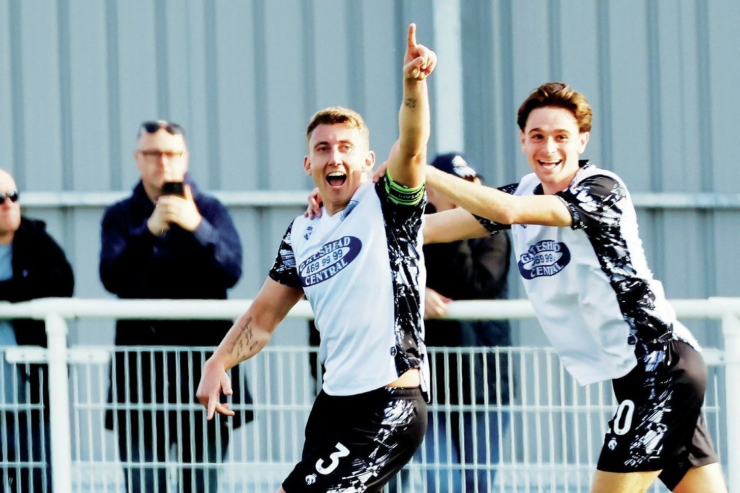Gateshead’s David Ferguson, left, enjoys his goal