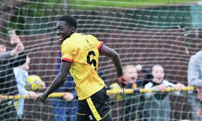 ALL SMLES: Thomas Conteh fires into an empty net for Alvechurch’s second goal