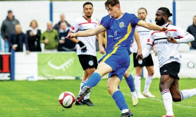 Lancaster City’s Matty Clarke shoots at goal