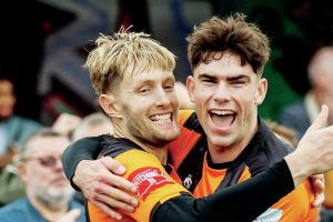 Joe Pigott celebrates scoring what he thought was an 89th minute winner for Invicta