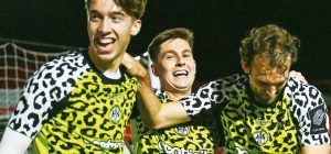 Forest Green Rovers’ Harry Whitwell, left, is congratulated for his goal against Worthing