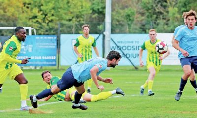 Aaron Russell stoops to head home Benfleet’s first goal