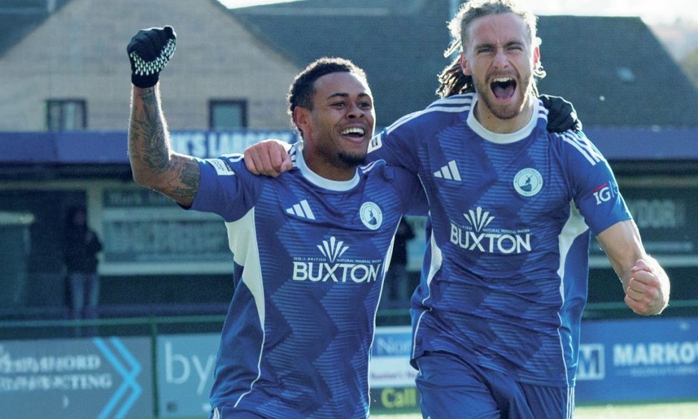 Kieran Burton and Tai Sodje celebrate Buxton’s second goal