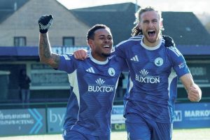 Kieran Burton and Tai Sodje celebrate Buxton’s second goal