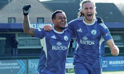 Kieran Burton and Tai Sodje celebrate Buxton’s second goal