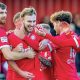 Worthing teammates congratulate defender Joe Cook on his wonder goal