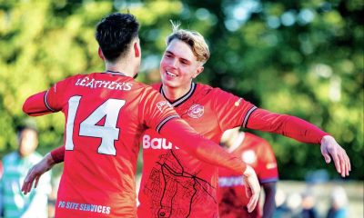 Chatham’s Kian Garlinge celebrates with Adam Leathers