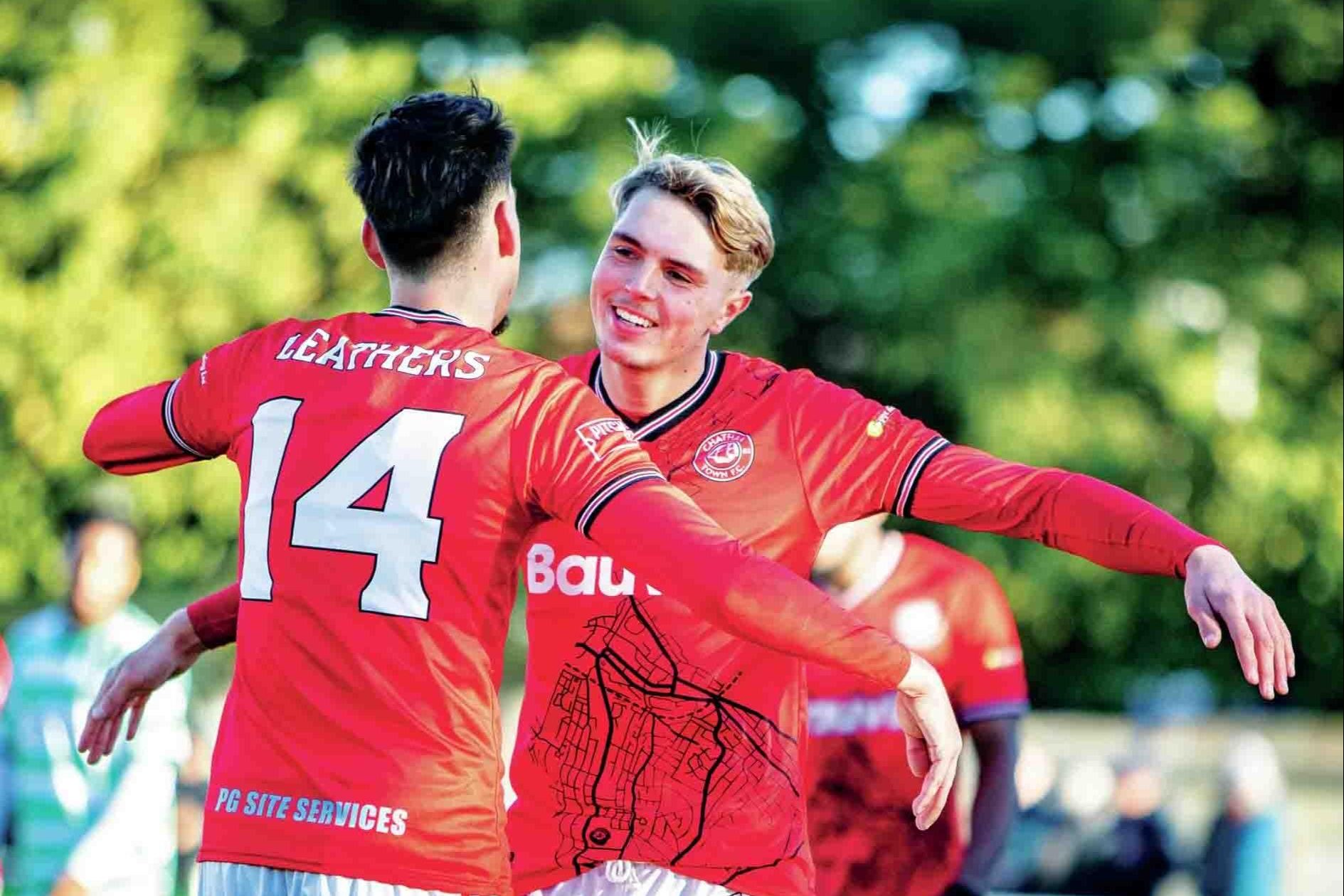 Chatham’s Kian Garlinge celebrates with Adam Leathers