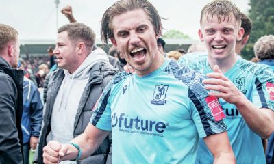 Sam Youngs celebrates winning promotion