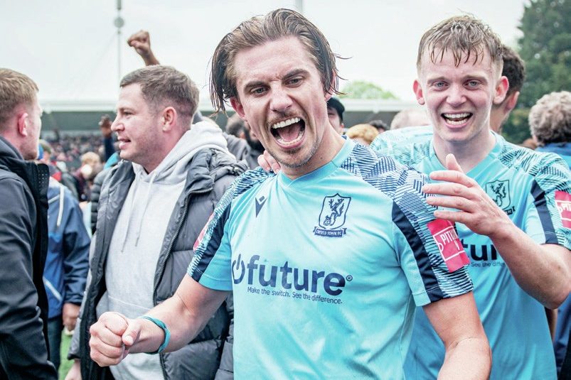 Sam Youngs celebrates winning promotion
