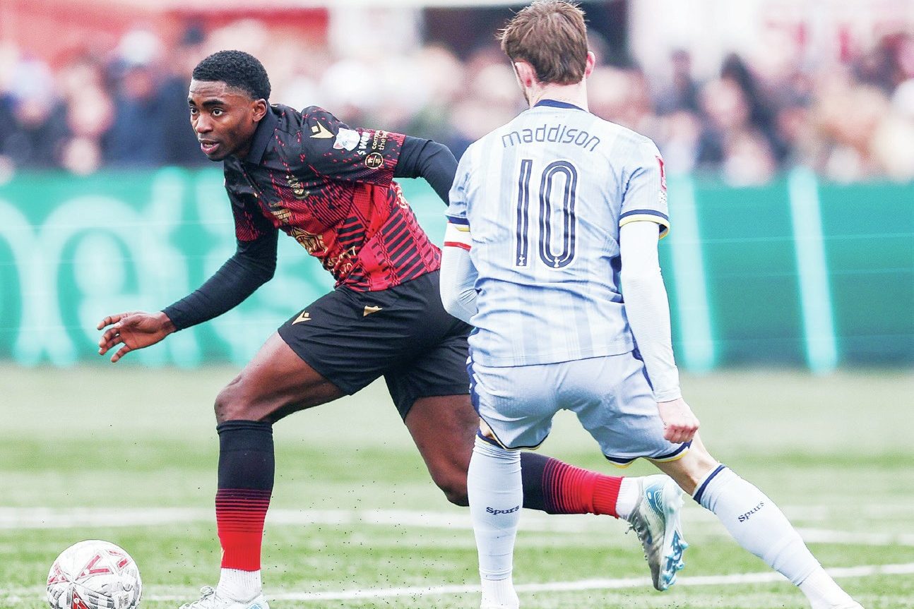 Tamworth’s Beck-Ray Enoru takes on Tottenham’s James Maddison in last year’s third round