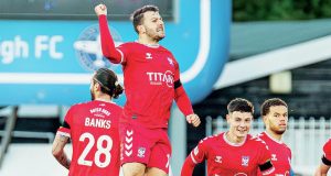 Ollie Pearce celebrates his brace of goal for York