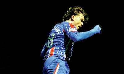 Chris Conn-Clarke punches the air in delight after scoring Carlisle’s opening goal