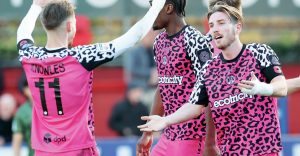 Kyle McAllister takes the plaudits after scoring Forest Green’s third