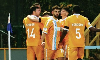 Goalscorer Adam Campbell is swamped by his Hartlepool team mates