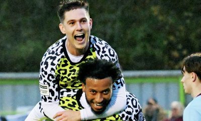 Nick Haughton hitches a ride on Forest Green Rovers midfielder Jayden Clarke after he made it 3-0