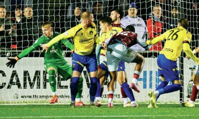 Solihull Moors’ Tyler French heads home the final goal of the game to make it 3-0