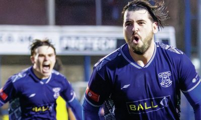 Leek Town’s Louis Potts wheels away after his goal