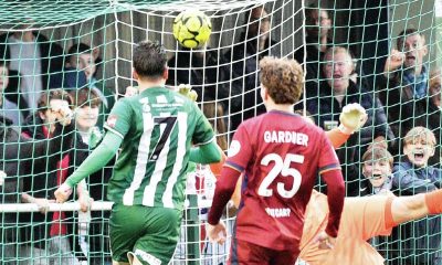 Jordan Gallagher heads past Hampton goalkeeper Matt Rowley for his side’s second goal