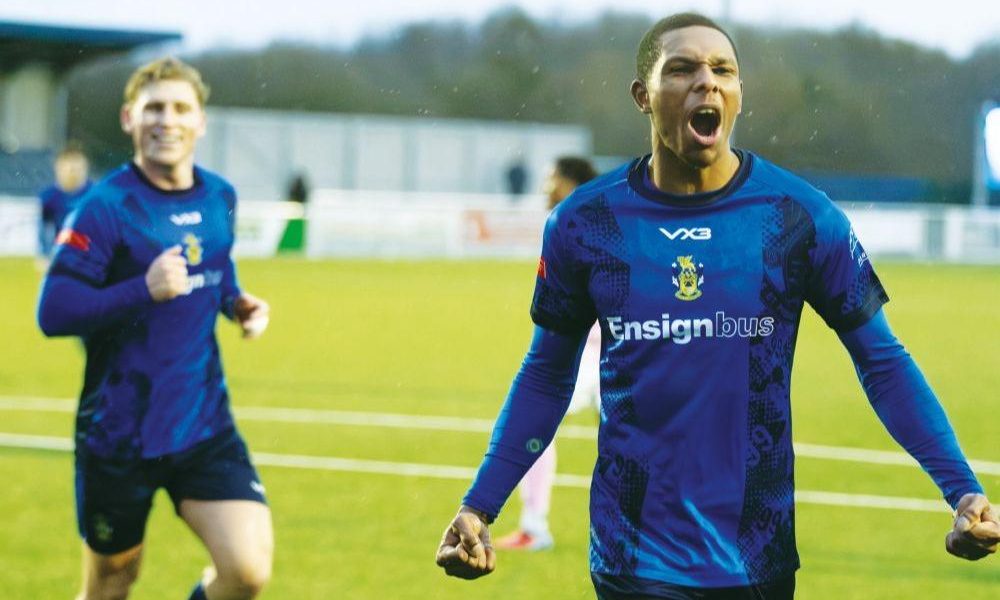 Ryan Charles shows his delight after scoring Aveley’s winner