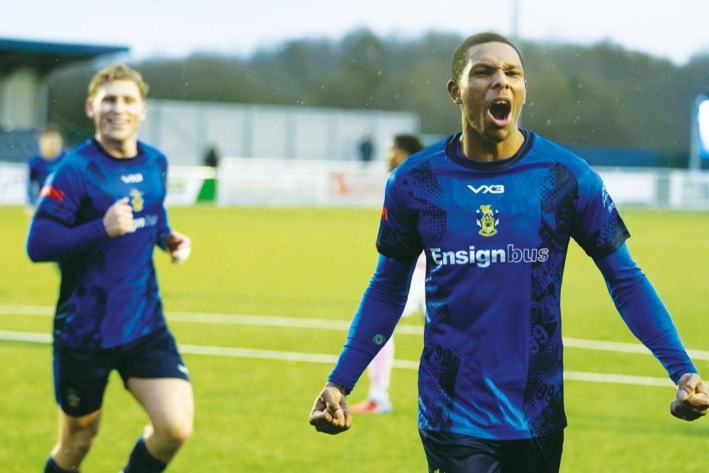 Ryan Charles shows his delight after scoring Aveley’s winner