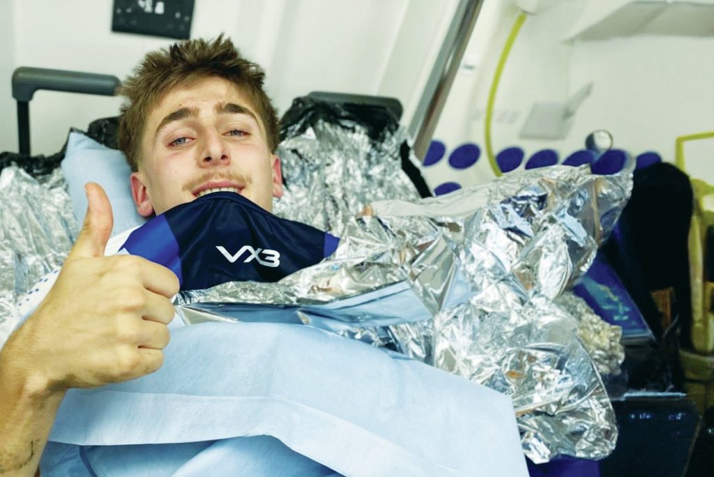 Riley Malin in hospital after suffering his double leg
break.