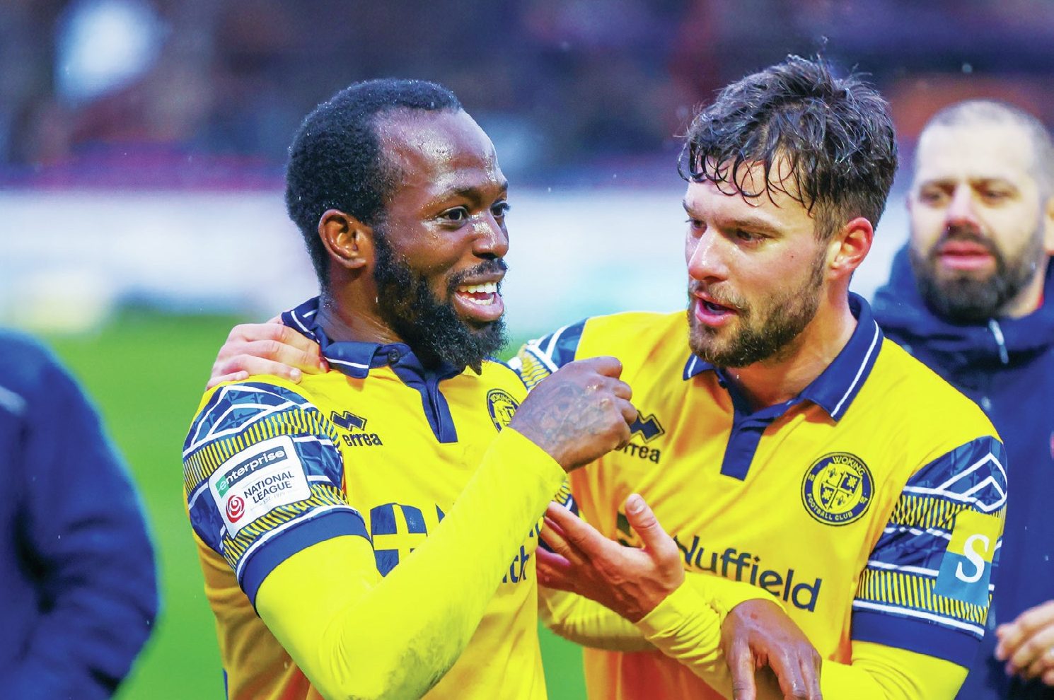 Woking’s Josh Osude, left, and Jack Turner celebrate victory