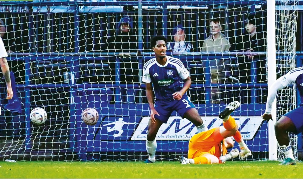 Luca Thomas, No.7, sparks celebrations after scoring AFC Fylde’s equaliser