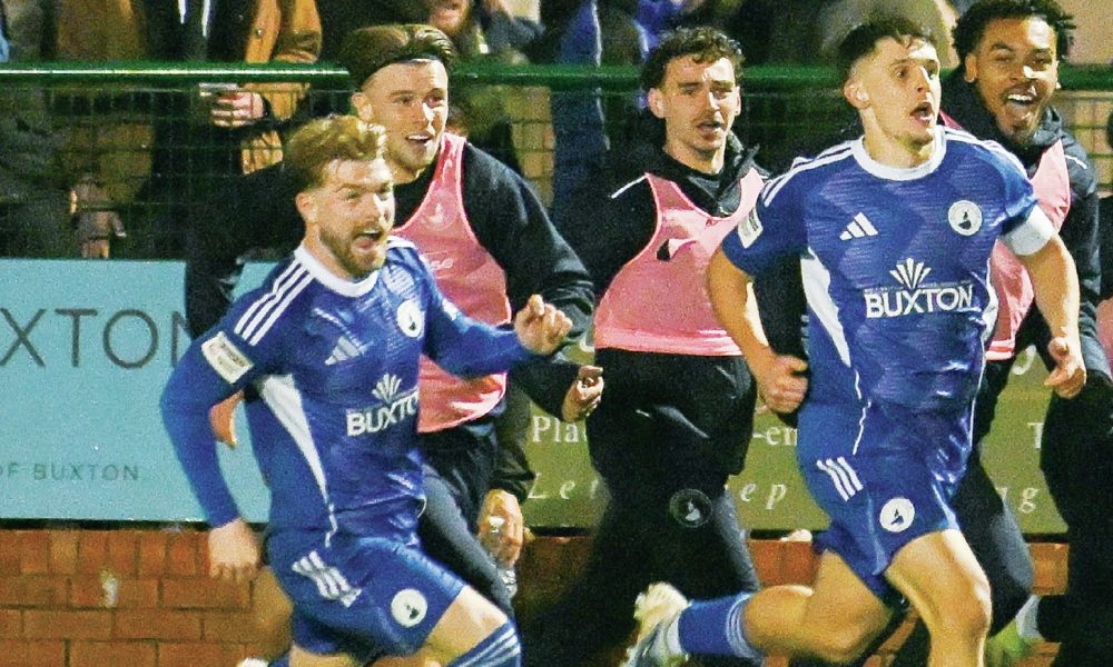 Connor Kirby is chased by his Buxton team-mates after scoring the winner in the last round. Inset: John McGrath