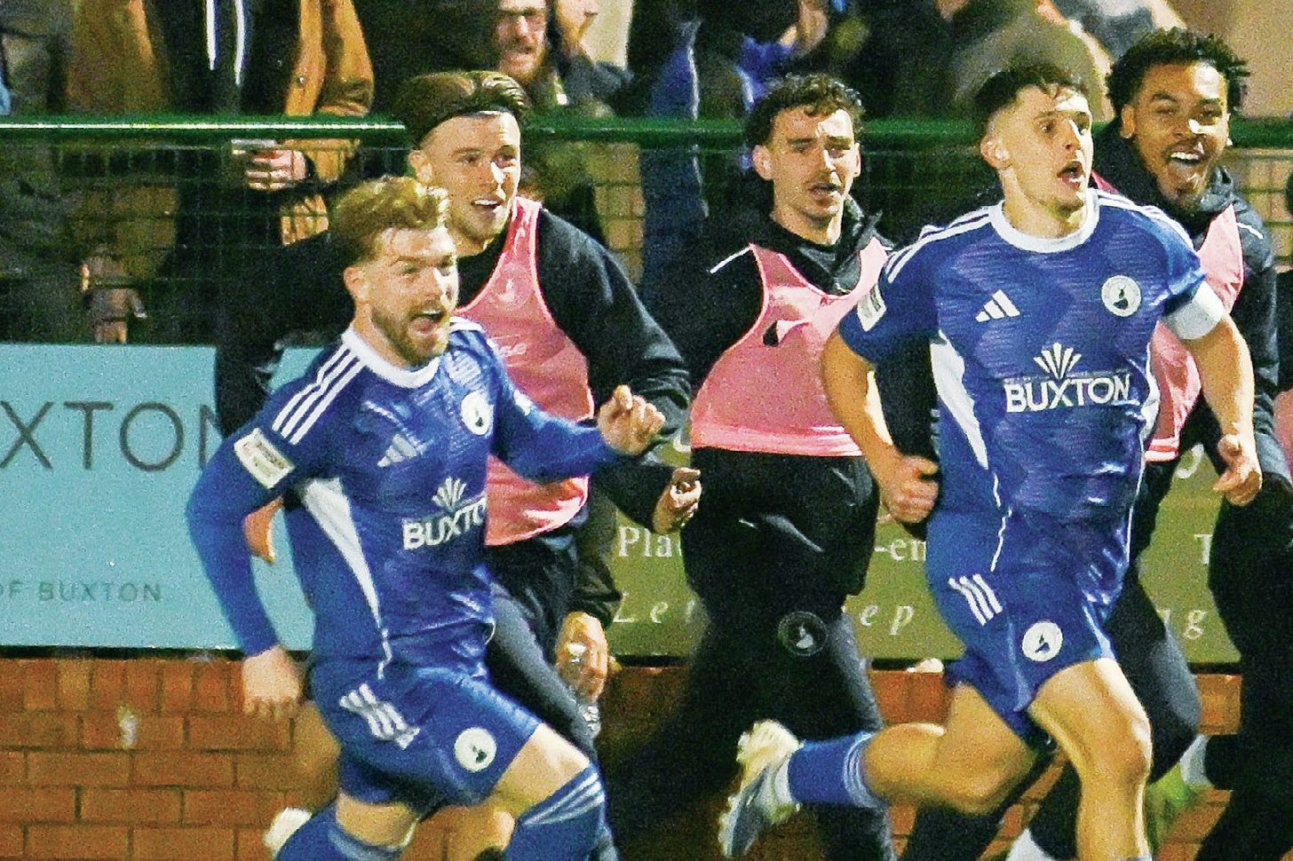 Connor Kirby is chased by his Buxton team-mates after scoring the winner in the last round. Inset: John McGrath
