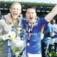 Leicester’s David Nugent and Kasper Schmeichel celebrate the Championship title in 2014