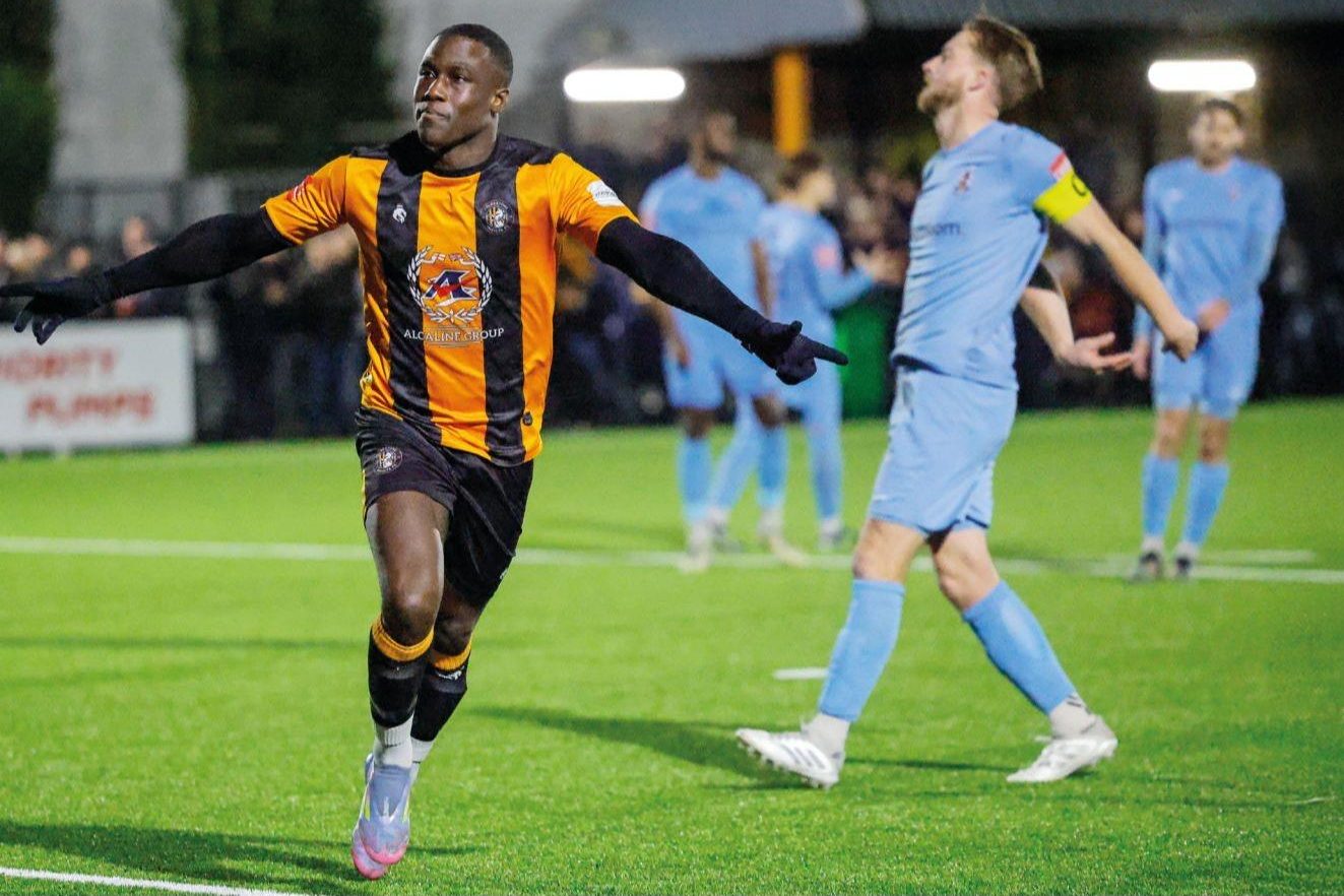 Folkestone substitute Ade Yusuff celebrates scoring from the spot