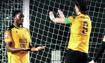 Ade Adeyinka celebrates scoring his second goal for Three Bridges