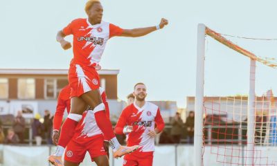 Samuel Ayo Faniyan celebrates scoring Poole Town’s first goal
