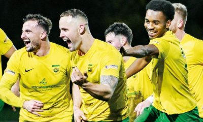 Gornal Athletic’s Mitchell Botfield celebrates his goal that put the home side 5-1 ahead