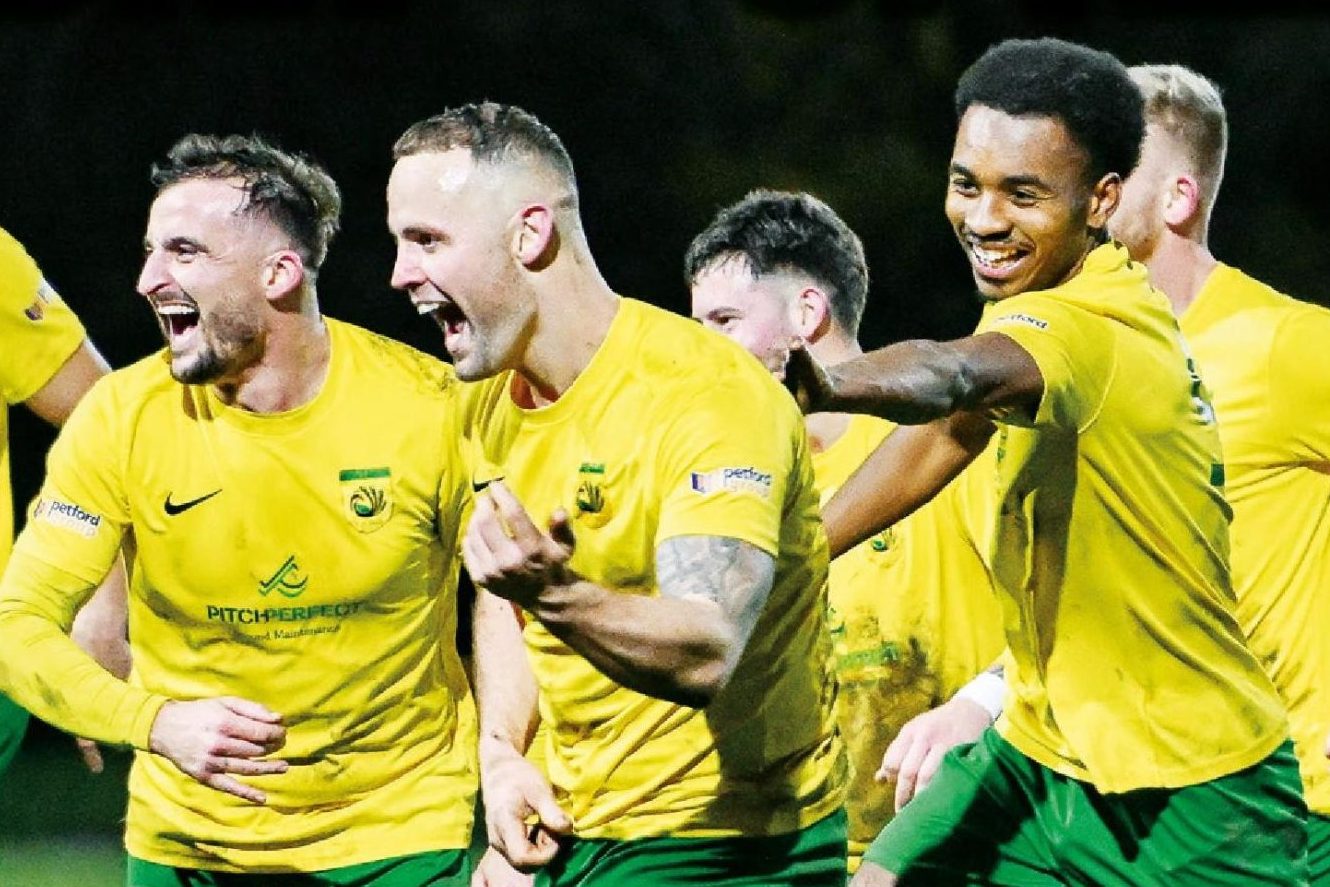 Gornal Athletic’s Mitchell Botfield celebrates his goal that put the home side 5-1 ahead