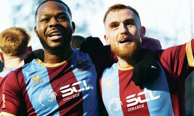 Ogo Obi, left, and Bobby-Joe Taylor celebrates his second for Farnham