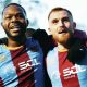 Ogo Obi, left, and Bobby-Joe Taylor celebrates his second for Farnham
