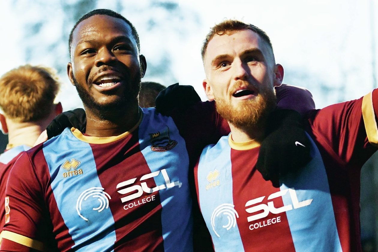 Ogo Obi, left, and Bobby-Joe Taylor celebrates his second for Farnham