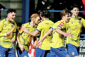 Vauxhall Motors Kyle Sambor celebrates equalising to make it 3-3