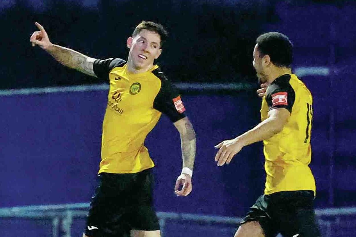 The Moatmen’s goalscorer is congratulated