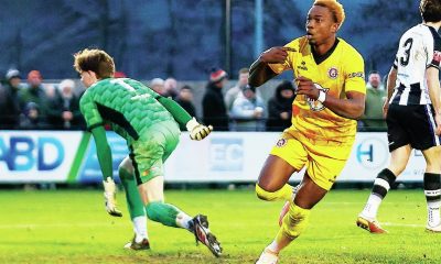 Poole’s Shaq Gwengwe celebrates his second goal and, inset, scoring his first from the penalty spot