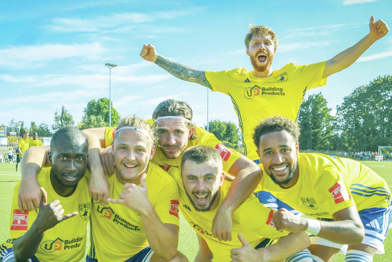 Stanley Leech, second left, with Newmarket Town teammates, and inset, new manager Lee Bradbury playing for Portsmouth