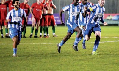 Fisher players celebrate Michael Sarpong fires home the winning spot kick and, inset, Sarpong and Christopher Ojemen enjoy the moment