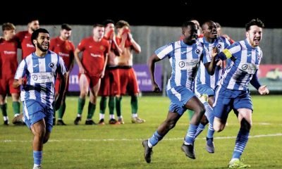 Fisher players celebrate Michael Sarpong fires home the winning spot kick and, inset, Sarpong and Christopher Ojemen enjoy the moment